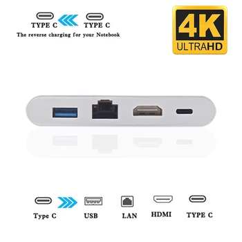 USB Tipo C Concentrador Adaptador de Dock para el MacBook Pro de Aire Dell, Hp, USB Switch C a 4K HDMI, Rj45, USB 3.0, USB PD, Compatible con Thunderbolt 3
