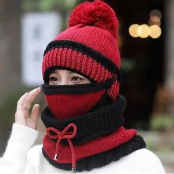 2020 Sombrero de invierno de la mujer de la Máscara de Gorro para niñas Bufanda Gruesa de Lana Caliente en el Interior de Punto Sombrero de la Bufanda Conjunto de 3pcs de Equitación de Invierno de la moda de la pac