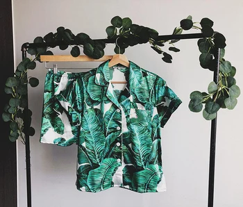 Owiter Sueño Salón de la Hoja de Impresión de Conjunto de Pijama Sexy Rayón Camisones de Algodón Verde de Damas Cortos de Pijama de Moda de la Flor de Pijamas para Mujeres