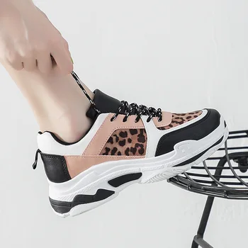 2020 harajuku moda leopardo de impresión de la Luz grueso de las mujeres zapatillas de deporte casuales dedo del pie redondo de encaje-up de la plataforma plana Instructores de las Mujeres zapatos de primavera