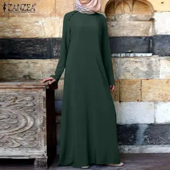 Más el Tamaño de ZANZEA Mujeres Otoño Dubai Hijab Musulmán Vestido Largo Liso Abaya Kaftan de Manga Larga Vestido Maxi Vestidos Túnica Femme