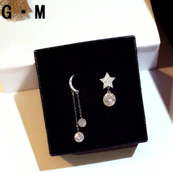 Lindo coreano S925 Aretes de Plata Esterlina del Color de la Luna de la Estrella Larga de Aretes con Bling Circón Piedra para las Mujeres Joyería de la Moda