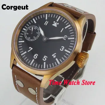 Corgeut 44mm sin el logotipo de los hombres reloj de cristal de zafiro super luminosa de bronce caso 17 joyas 6497 Mano Mecánica de movimiento de carga