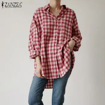 Elegante Comprobar Camisetas de las Mujeres en la Solapa Blusa ZANZEA 2021 Primavera de Manga Larga Blusas Femeninas Botón de Abajo Blusas Plus Tamaño Tunci Tops
