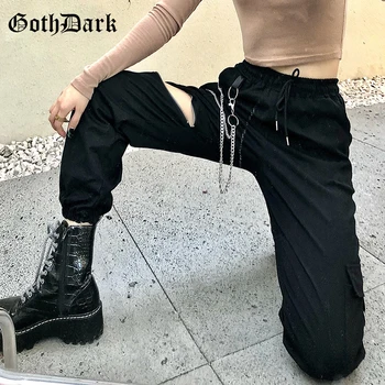 Goth Oscuro Harajuku Gótico Patchwork Negro Pantalones De Carga, Centro Comercial Goth Grunge Punk De Alta Cintura De Las Mujeres Suelta Deportivos De Corredores De La Calle