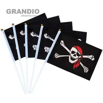 10PCS/SET Pirata de la Mano de la Bandera 14x21cm Halloween Bufanda del Cráneo Impreso de Poliéster de Mano Banderas Pancartas Con 30cm de palos de Plástico