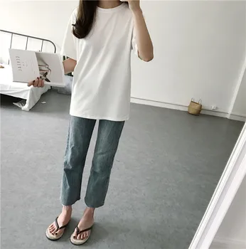6 colores 2019 verano de cuello en v del color sólido básico de coreano estilo vintage de manga corta camisetas para mujer tops camiseta femme (R960)