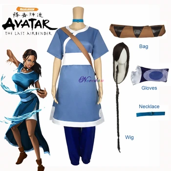 Katara Traje de Cosplay de Anime de Avatar the last Airbender Traje de Cosplay Completo Conjunto de Collar+Bolsa+Peluca