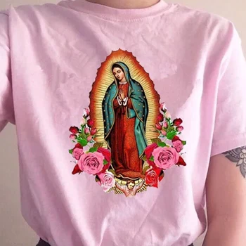 Hillbilly Vintage de Nuestra Señora De Guadalupe, la Santa Virgen María Con Rosas Camiseta Unisex de gran tamaño Gráfico Tops Camisetas Ins camiseta Hipster