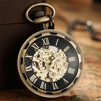 De lujo Antiguo Esqueleto Mecánico Reloj de Bolsillo Hombres Steampunk Mecánica Relojes de bolsillo Reloj Colgante de la Mano de cuerda Relogio De Bolso