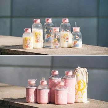 Lindo Sailor Moon Beber Botellas de Vidrio El Vidrio Beber de la Botella Con la Paja es Adecuado para Adultos y Niños de la Leche de la Taza de Café