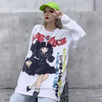 Harajuku Camiseta de Streetwear Anime camiseta de las Mujeres de dibujos animados Fresco Impresión de Hip Hop de la Calle Impresión de gracia Casual Rosa Camiseta de gran tamaño