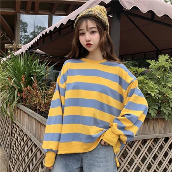 De la mujer de manga larga tops Casual de la camiseta a Rayas coreano flojo Jersey Suéter gótico camiseta