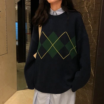 GOPLUS Otoño 2021 Suéteres de las Mujeres Estilo coreano Argyle Cuello Redondo Manga Larga Suéteres Womans Pullovers Ropa De Mujer