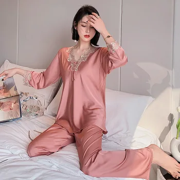 YRRFUOT Primavera Otoño de la Mujer Pijamas de Manga Larga de Hielo de Seda, Encaje Sexy Suelto Pullover 2020 Nueva ruta de la Seda ropa de hogar Sólido