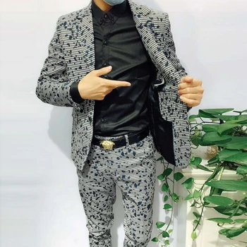 Otoño Nueva Moda en Blanco Y Negro Jacquard Delgado Traje de Conjunto de los Hombres coreanos de Traje de 2 piezas Hombres Traje de Lujo de Alta Calidad de los Hombres Chaqueta de Traje