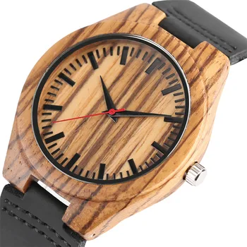 Clásico de Zebrawood Hombres Relojes Rojo Segundos de Diseño de la Ronda del Dial Negro de Cuero Genuino de los Hombres de Madera del Reloj de Cuarzo Reloj