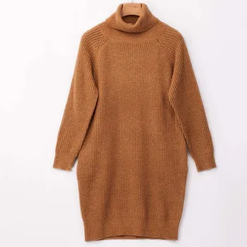Turtlneck Sueltos largos y perezosos estilo suéter de punto vestido de otoño invierno piensa cálido Color Sólido de Bolsillo puente jersey vestidos