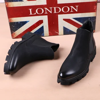 Para hombre casual de negocios de la oficina de vestido formal chelsea botas zapatos de plataforma de cuero genuino de arranque en negro de tobillo botas hombre chaussure