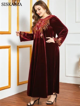 Más el Tamaño de Terciopelo Bordado Vestido Maxi de las Mujeres de Invierno 2020 de Dubai Elegante Borgoña de Manga Larga Musulmán árabe Ropa Gruesa Otoño