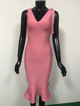2020 Las Mujeres De La Moda Sexy De Color Rosa Vendaje Vestido De Diseñador Elegante Longitud De La Rodilla De La Trompeta De Cola De Pescado De Noche De La Celebridad Vestido De Fiesta Vestido