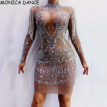 Mujeres Sexy Franja Transparente Vestido De Brillantes Diamantes De Imitación De Plata De Las Mujeres De Cumpleaños Que Celebrar Malla Traje Barra Cantante Bailarín Vestido