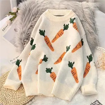 2020 de la Nueva temporada Otoño-invierno de las mujeres de Zanahoria impreso suéteres cálido jersey de manga larga floja de la Vendimia Suéter Señora suéteres de Harajuku