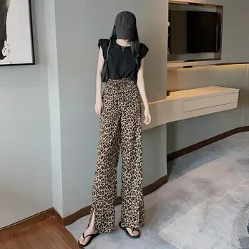Vintage leopard pantalones nuevos de moda de gran tamaño suelto casual femenina amplia pantalones de pierna Harajuku hip hop de la diversión de Algodón pantalones Rectos