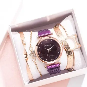 5PCS Reloj Set de Lujo de la Marca Para las Mujeres Vestido de Cuarzo de la Pulsera Magnética de las Señoras Flor de Relojes de Pulsera Reloj de Regalo Relogio 2020 Zegarek