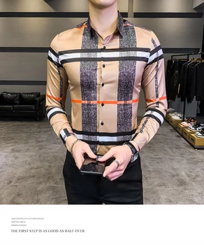 2020 la primavera y el otoño estilista guapo camisa de manga larga estilo coreano delgado de la moda de la tela escocesa de la solapa de la no-camisa de hierro