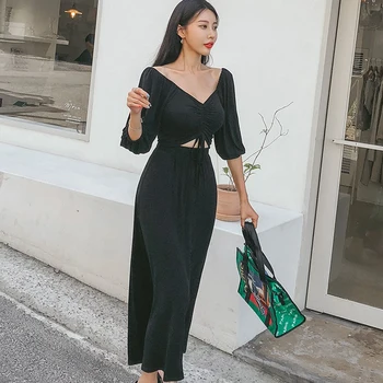 2019 Verano de las mujeres modal vestido de corte color sólido de la elasticidad de la mitad de la manga vestido de moda casual slim maxi vestidos