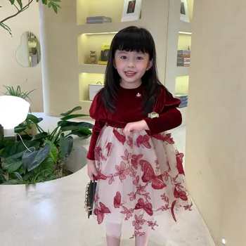Otoño Nueva Llegada de corea del estilo de la princesa de la moda de manga larga vestido de fiesta con patrón de mariposa de lindos dulce de las niñas de bebé