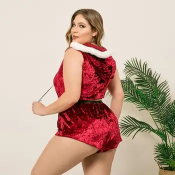 【envío gratis】Más el Tamaño de Lencería de Terciopelo con Capucha Superior Panty Conjunto de Ropa interior Cómoda Navidad Chica BP10052A