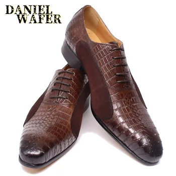 De lujo de la Moda Nueva de Oxford Hombre Vestido de los cordones de los Zapatos hasta la Punta del Dedo del pie de Café Negro Oficina de la Boda Zapatos de Gamuza de Retazos de Cuero de los Hombres Zapatos
