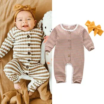 2PCS Bebé Recién nacido Niña de Niño Ropa de Primavera, de Otoño de Manga Larga de Rayas Botón Mameluco Mono Pijama de Trajes