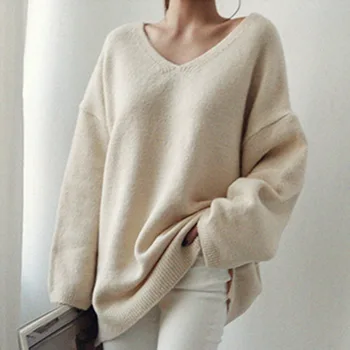 Corea del V-cuello Casual Suelto de la Mujer Suéter de Color Sólido de Punto de Lana de Cachemira Suéter Completo de la Manga de un Jersey de Invierno 2020 Negro Nuevo