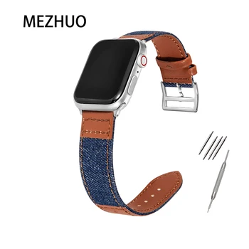 MEZHUO Es Conveniente para Apple 2/3/4/5 del Dril de algodón de Reloj de Cuero con tela Correa de Cuero Adecuado para el Iwatch 38-40mm 42-44