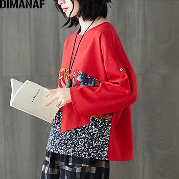 DIMANAF Otoño de Mujer en tallas Camisetas de Lady Tops Camisetas Estilo Chino Floral Empalmados Femenina Ropa Suelta de Manga Larga Túnica de la Camisa