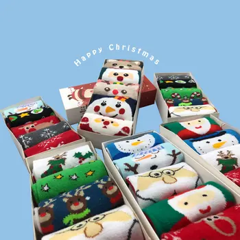 SP&CITY 5Pairs de dibujos animados Feliz Navidad Calcetines de Mujer de Invierno Lindo Calcetín de Algodón Hipster Unisex de Alta Calcetines de Navidad Caja de Regalo Sox