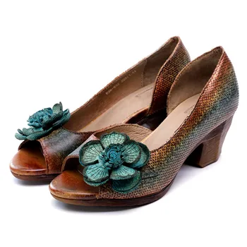 Tayunxing zapatos hechos a mano de cuero genuino de la primavera a mediados de tacón estilo de la flor Abierta de dedos de los pies de las mujeres mujeres de la señora de tobillo sandalias de confort 038-932