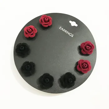 Gothletic Marca de 15MM de Terciopelo Metal Rose Aretes Negro/Burdeos Flor Aretes para las Mujeres Brincos de la Moda de Joyería de 4prs/Set