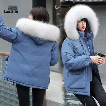 Mujer parkas chaqueta de invierno de las nuevas mujeres sueltas femenina corta chaqueta Casual Multi-bolsillo de cuello de Piel abrigo de Mujer Ropa