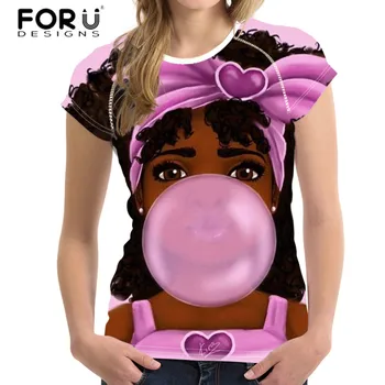 FORUDESIGNS Camiseta de las Mujeres de Negro de Arte de las Niñas Africanas de la Impresión de la Camiseta de las Señoras Elástica T-shirt para las Mujeres Tops de Manga Corta Camiseta