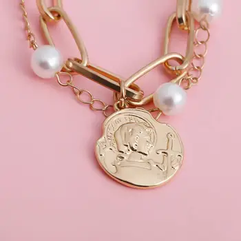 IngeSight.Z Bohemio de Imitación de la Perla brazaletes de las Pulseras del Encanto Retrato Esculpido Moneda Colgante Brazalete de la Pulsera de Cadena de las Mujeres de la Joyería