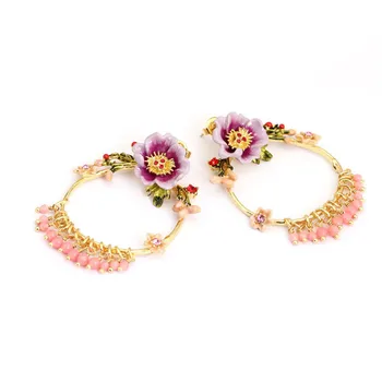 Francés jardín de invierno de la serie de esmalte esmalte peonía flores exagerada aretes grandes anillo de oído femenino nuevos estantes