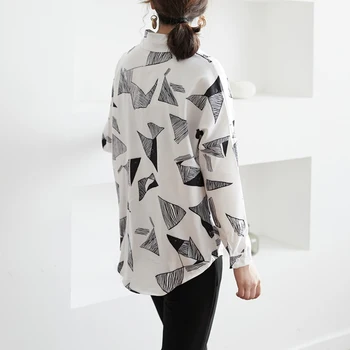 La primavera Geométrica de Impresión de la Gasa de las Mujeres Blusas Tops de Un Bolsillo Suelto Blusa Negra de la Camisa de Mujer Casual Camisetas de 2019 blusas mujer