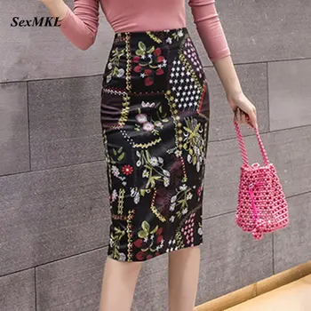 Sexy De La Impresión Floral De La Falda De Las Mujeres 2020 Verano Coreano De La Moda De Alta Cintura De La Oficina De Las Señoras Faldas Lápiz Casual De La Rodilla-Longitud De La Jupe Femme