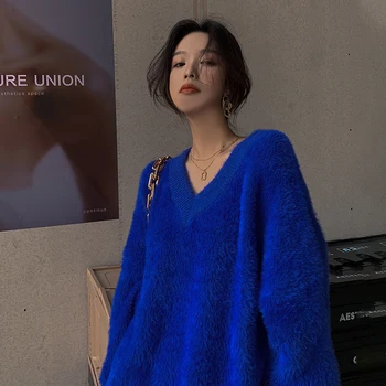 Azul de cuello en V Suéter de 2020 Nueva Suelta de las Mujeres del Otoño y el Invierno Engrosamiento de la parte Superior del Suéter de Jersey