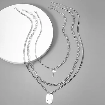 IngeSight.Z 3Pcs/Set de Múltiples Capas de Acero Inoxidable de Gargantilla Collar de la Cruz Geométrica Cuadrado Colgante de Collares para las Mujeres de la Joyería