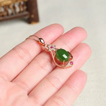 Óvalo Verde Natural de Jade Colgante de Collar De las Mujeres de la Plata Esterlina 925 Color 14k de Oro Rosa de Circón Diamante Esmeralda Colgante de Jade